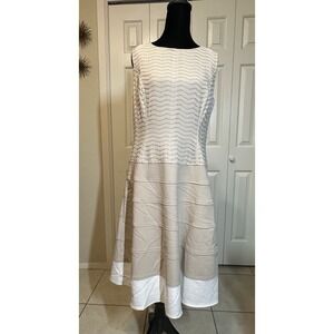 Anne Klein Midi Dress Women's Size L Ivory Linen Blend Sleeveless